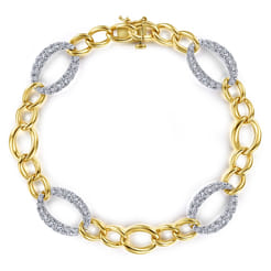 14K Yellow-White Gold Chain Link Bracelet with Diamond Pave Oval Link Stations