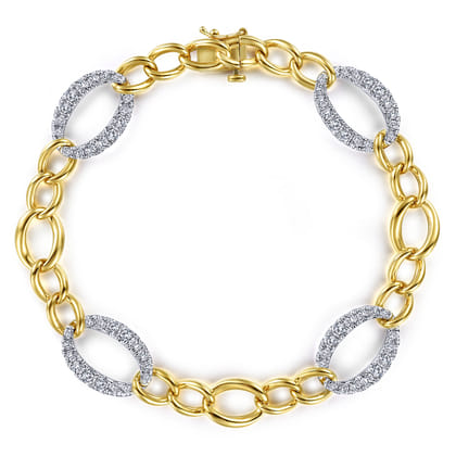 14K Yellow-White Gold Chain Link Bracelet with Diamond Pave Oval Link Stations