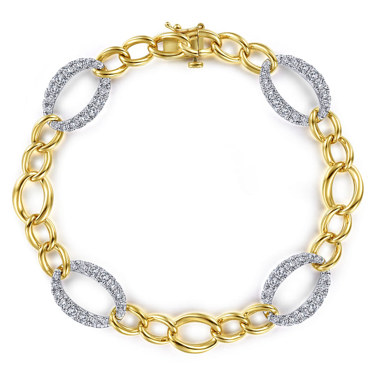 14K Yellow-White Gold Chain Link Bracelet with Diamond Pave Oval Link Stations - 1.75 ct - Shot 1