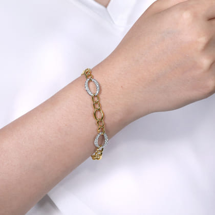 14K Yellow-White Gold Chain Link Bracelet with Diamond Pave Oval Link Stations