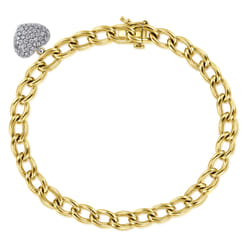 14K Yellow-White Gold Chain Link Bracelet with Pave Diamond Puff Heart Charm