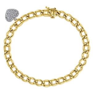 14K Yellow-White Gold Chain Link Bracelet with Pave Diamond Puff Heart Charm