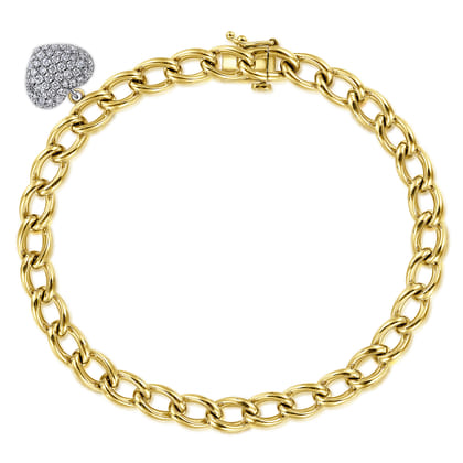 14K Yellow-White Gold Chain Link Bracelet with Pave Diamond Puff Heart Charm