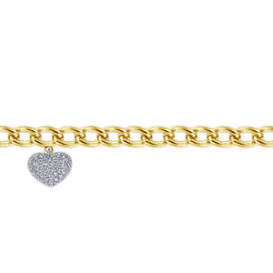 14K Yellow-White Gold Chain Link Bracelet with Pave Diamond Puff Heart Charm