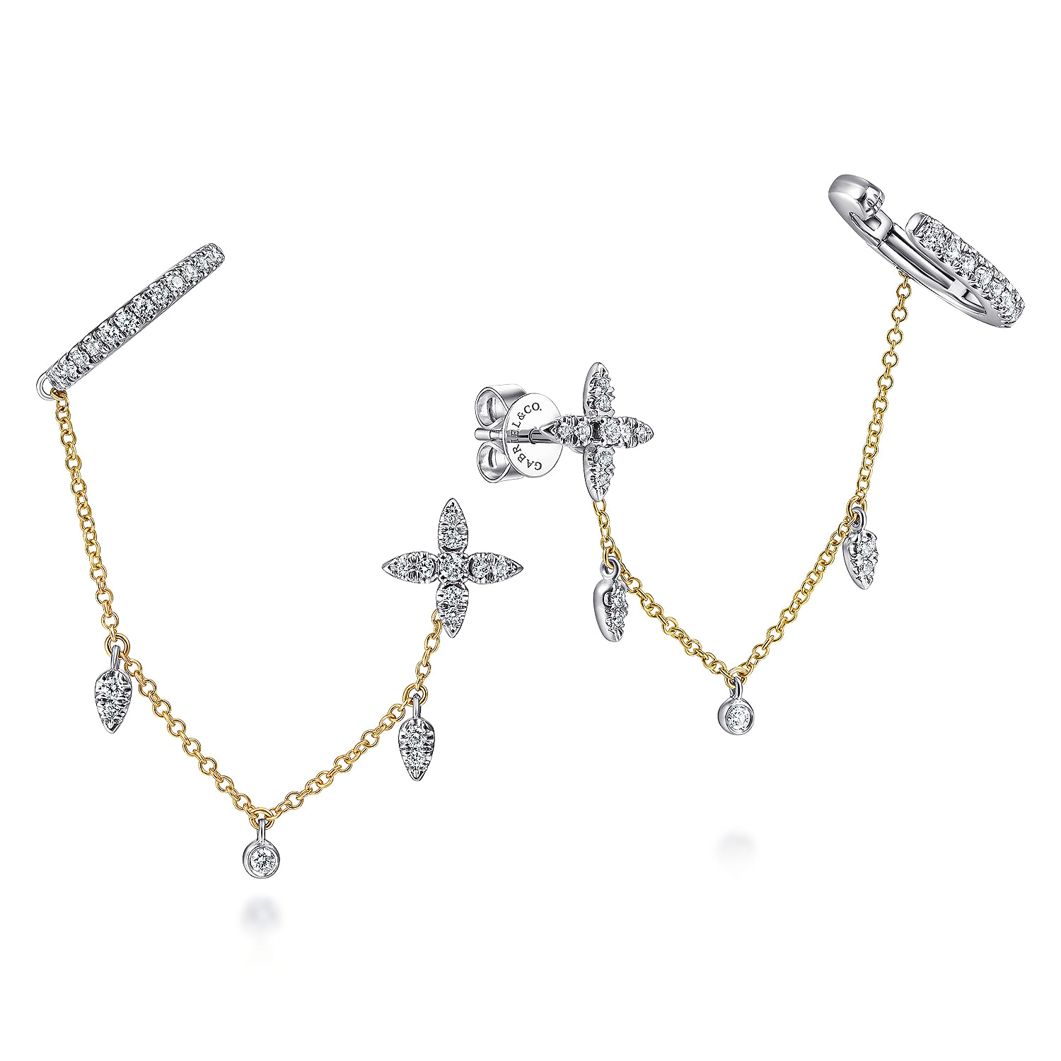 14K-Yellow-White-Gold-Diamond-Ear-Cuffs-and-Quatrefoil-Chain-Earrings-with-Drops1