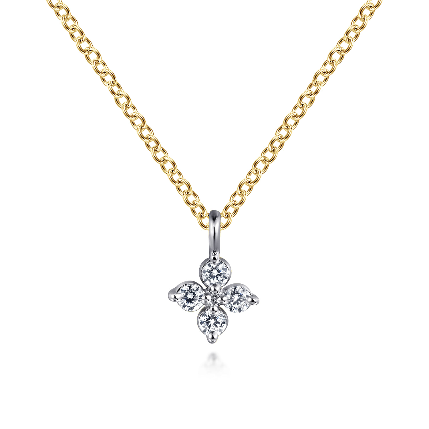 14K Yellow  White Gold Diamond Flower Pendant Necklace - 0.09 ct - Shot 1