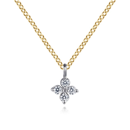 14K Yellow  White Gold Diamond Flower Pendant Necklace