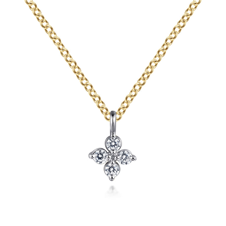 14K Yellow  White Gold Diamond Flower Pendant Necklace - 0.09 ct - Shot 1
