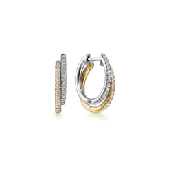 14K Yellow-White Gold Diamond Huggie Earrings 15mm
