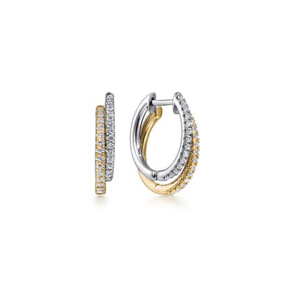 14K Yellow-White Gold Diamond Huggie Earrings 15mm