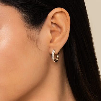 14K Yellow-White Gold Diamond Huggie Earrings 15mm