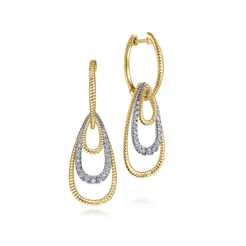 14K Yellow-White Gold Diamond Huggie Earrings With Graduating Teardrops