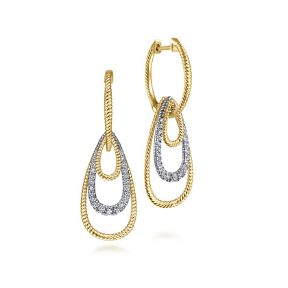 14K Yellow-White Gold Diamond Huggie Earrings With Graduating Teardrops
