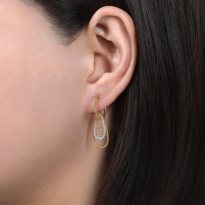 14K Yellow-White Gold Diamond Huggie Earrings With Graduating Teardrops