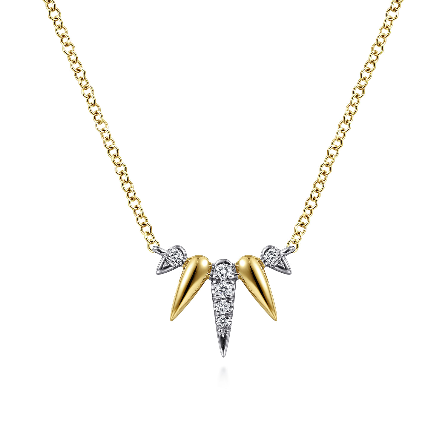 14K Yellow-White Gold Diamond Pave Spike Fan Bar Necklace