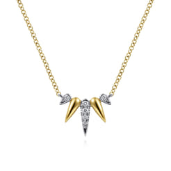 14K Yellow-White Gold Diamond Pave Spike Fan Bar Necklace