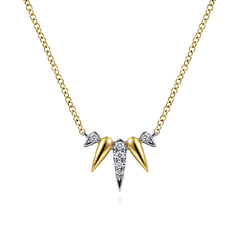 14K Yellow-White Gold Diamond Pave Spike Fan Bar Necklace