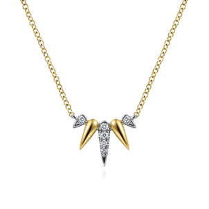 14K Yellow-White Gold Diamond Pave Spike Fan Bar Necklace