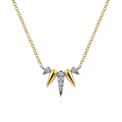 14K Yellow-White Gold Diamond Pave Spike Fan Bar Necklace