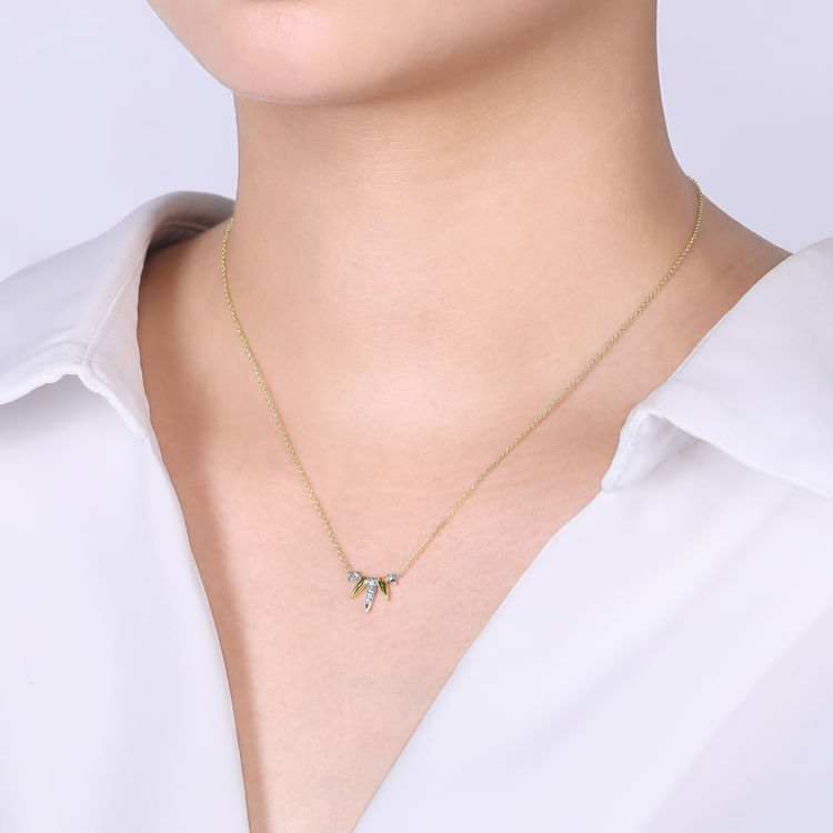 14K Yellow-White Gold Diamond Pave Spike Fan Bar Necklace