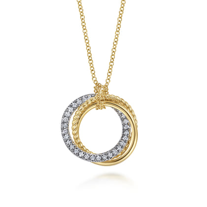 14K Yellow-White Gold Diamond Pave and Twisted Rope Interlocking Circles Necklace