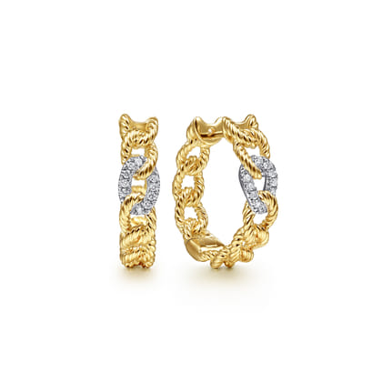 14K Yellow-White Gold Diamond and Twisted Rope Link Classic Hoop Earrings