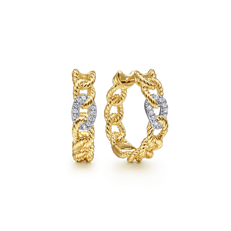 14K Yellow-White Gold Diamond and Twisted Rope Link Classic Hoop Earrings - 0.1 ct - Shot 1