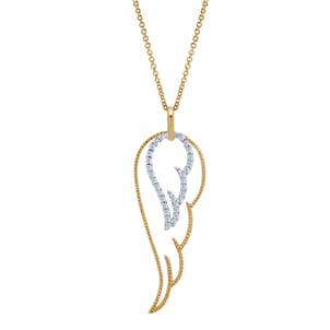 14K Yellow-White Gold Double Wing Diamond Pendant Necklace