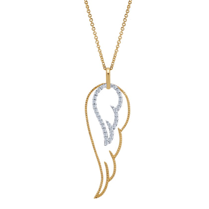 14K Yellow-White Gold Double Wing Diamond Pendant Necklace