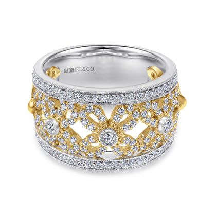 14K Yellow White Gold Floral Openwork Wide Band Diamond Ring