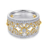 14K Yellow White Gold Floral Openwork Wide Band Diamond Ring - 0.65 ct