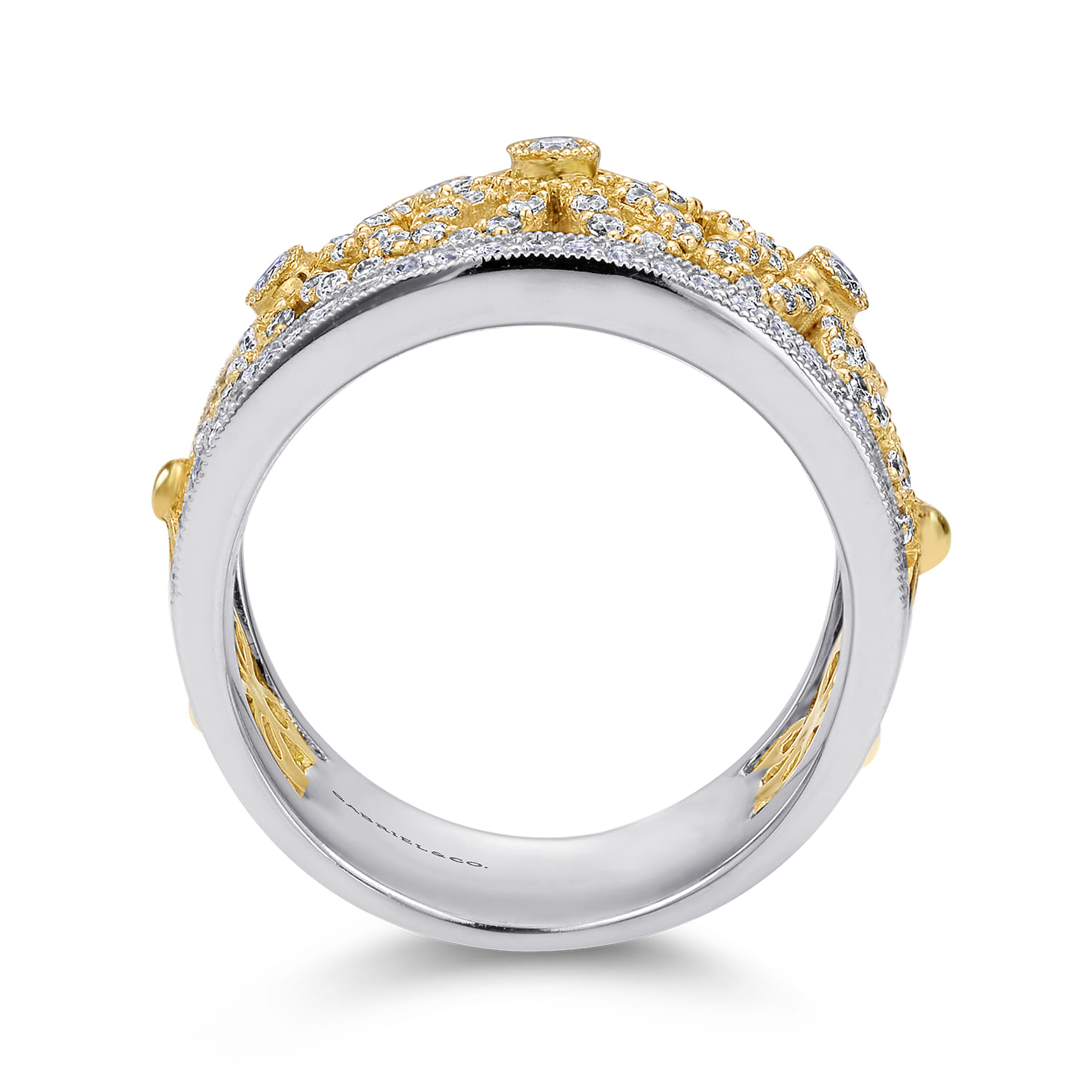 14K Yellow White Gold Floral Openwork Wide Band Diamond Ring - 0.65 ct - Shot 2