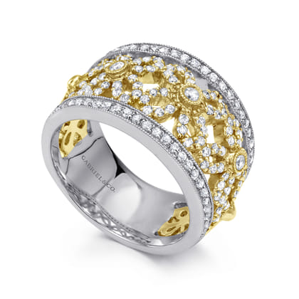 14K Yellow White Gold Floral Openwork Wide Band Diamond Ring