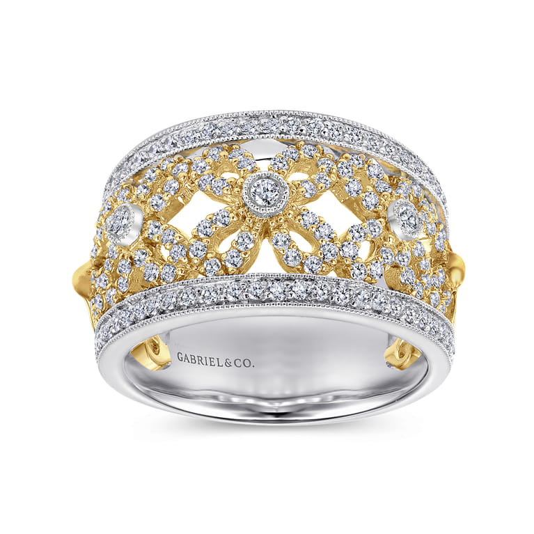 14K Yellow White Gold Floral Openwork Wide Band Diamond Ring - 0.65 ct - Shot 4