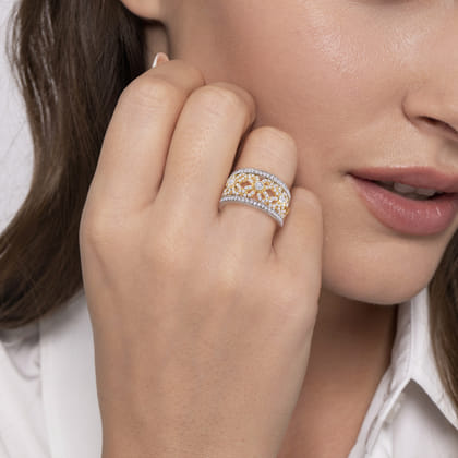 14K Yellow White Gold Floral Openwork Wide Band Diamond Ring