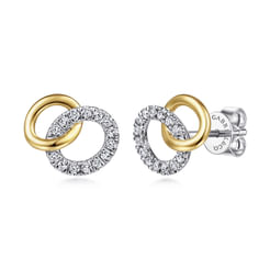 14K Yellow-White Gold Interlocking Links Diamond Stud Earrings