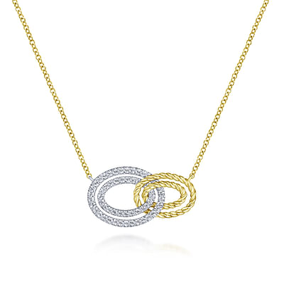 14K Yellow-White Gold Interlocking Oval Link Diamond Pendant Necklace
