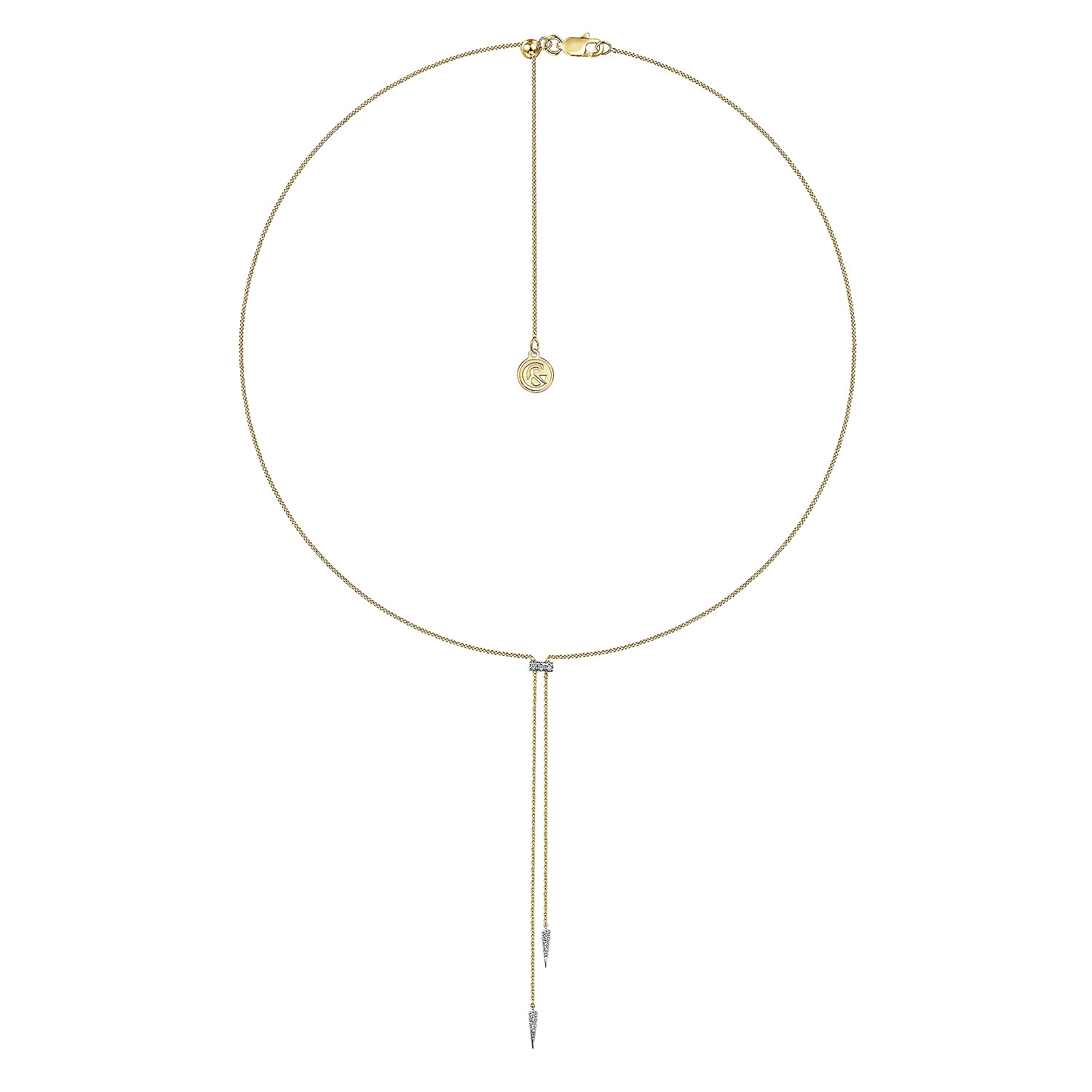 14K Yellow-White Gold Lariat Choker Necklace with Diamond Bar and Spikes