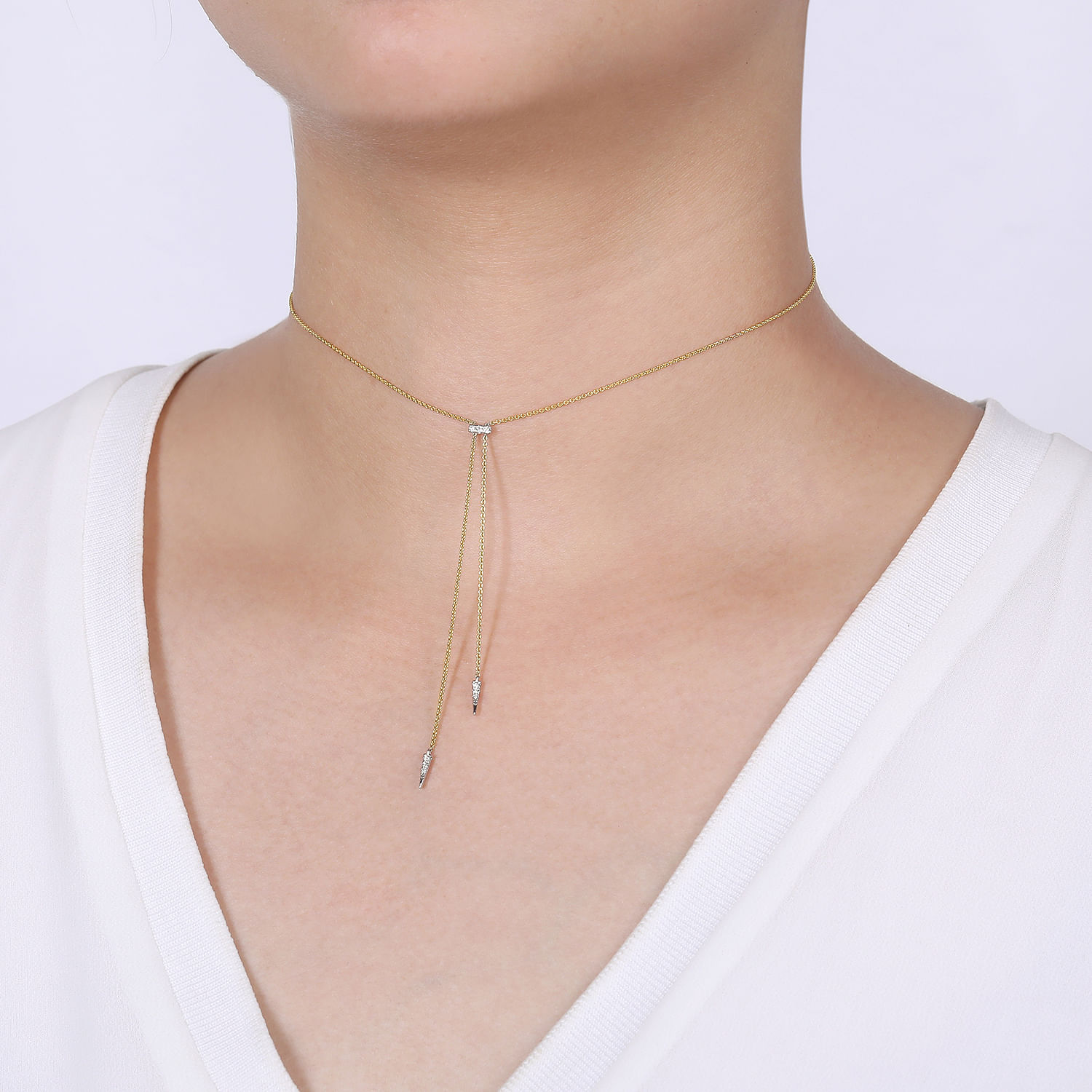 14K Yellow-White Gold Lariat Choker Necklace with Diamond Bar and Spikes