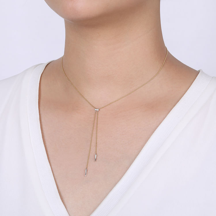 14K Yellow-White Gold Lariat Choker Necklace with Diamond Bar and Spikes