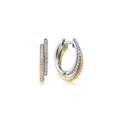 14K Yellow-White Gold Layered 15mm Diamond Huggie Earrings