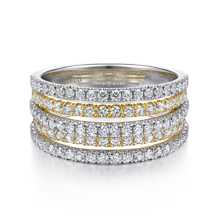 14K Yellow-White Gold Layered Wide Band Diamond Ring - 0.95 ct - Shot 1