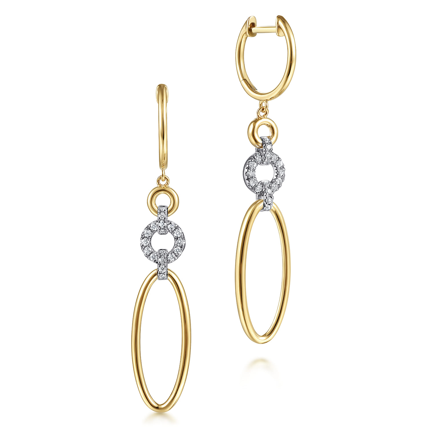 14K Yellow-White Gold Long Multi Link Diamond Huggie Drop Earrings - 0.2 ct - Shot 1