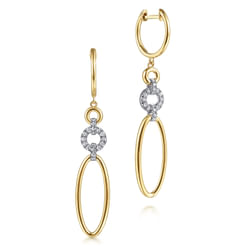 14K Yellow-White Gold Long Multi Link Diamond Huggie Drop Earrings