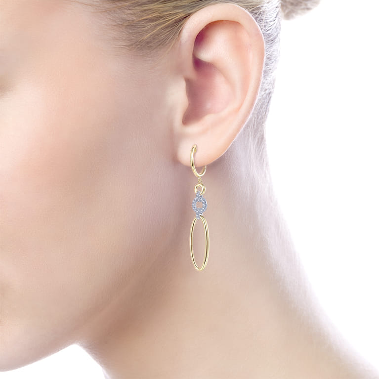 14K Yellow-White Gold Long Multi Link Diamond Huggie Drop Earrings - 0.2 ct - Shot 2