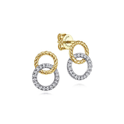14K Yellow-White Gold Open Circle Twisted Rope and Diamond Stud Earrings