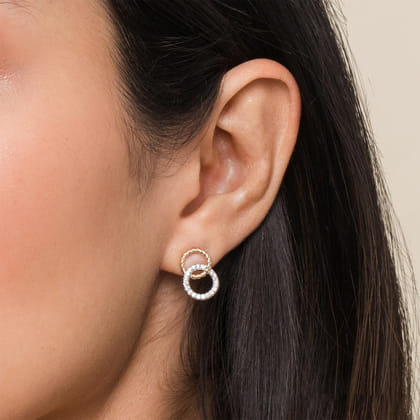 14K Yellow-White Gold Open Circle Twisted Rope and Diamond Stud Earrings