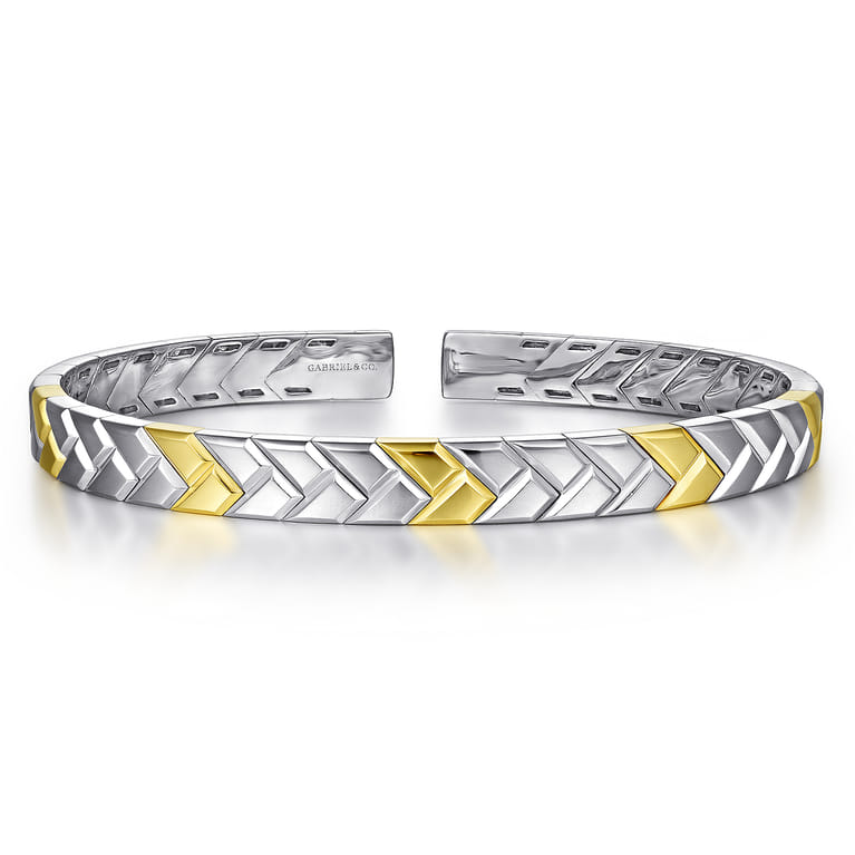 14K Yellow-White Gold Open Herringbone Cuff Bangle - Shot 1