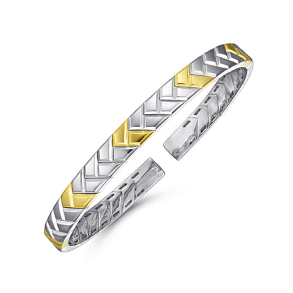 14K Yellow-White Gold Open Herringbone Cuff Bangle