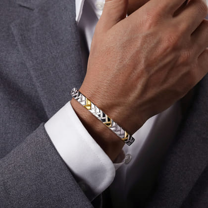 14K Yellow-White Gold Open Herringbone Cuff Bangle
